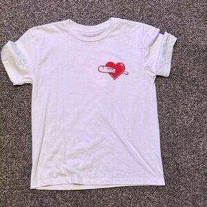 White Short Sleeve Kids Tee with Red Heart Patch Graphic